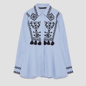 Zara Striped Embroidered Tunic shirt Tassels XS